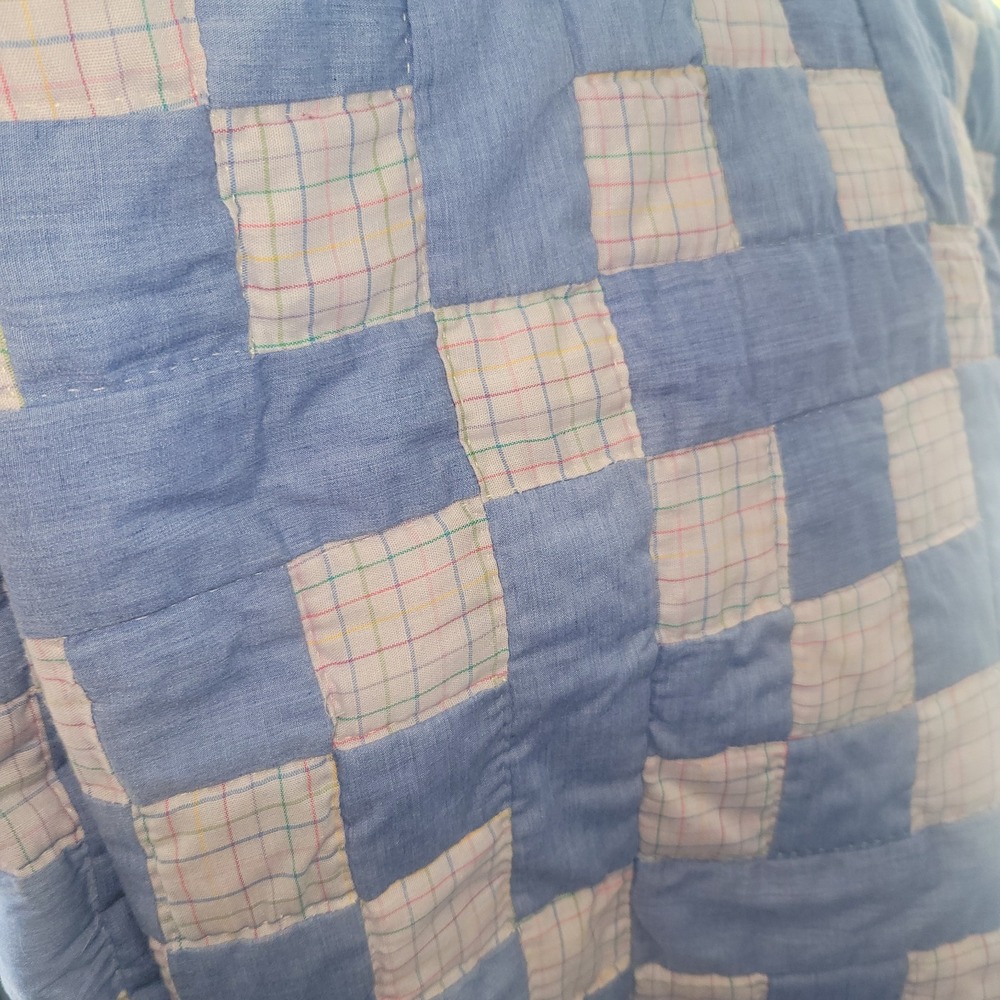 Vintage Handmade Hand Stitched Patchwork Quilt Bedspread 80x92 Blue Pink - Picture 9 of 9